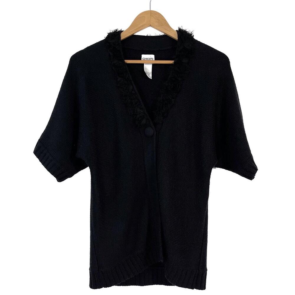 Chico’s Women’s Size Small Black 100% Acrylic Knit Short Sleeve Cardigan Sweater
